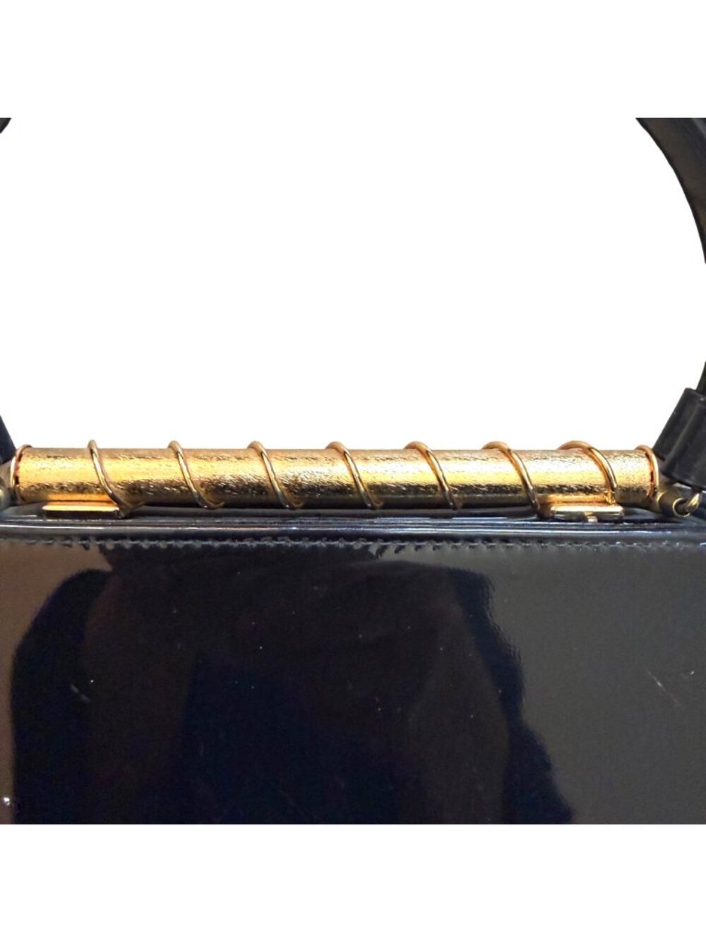 Womens Evening Bag Black Patent Leather Vintage 60s Top Handle Purse Mid Century - Picture 3 of 7